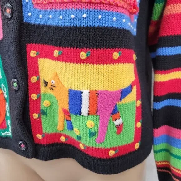 Susan Bristol Colorful Cat Pattern Women's Sweater Cardigan Y2K Patchwork - Picture 7 of 14
